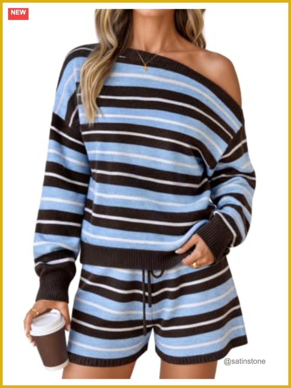 Women's 2 Piece Striped Sweater and Shorts Set Long Sleeve Knit Lounge Set